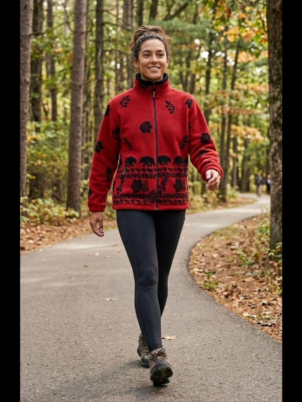 Nanuk Red Plush Fleece Jacket Ladies L Bears & Leaves Northwoods